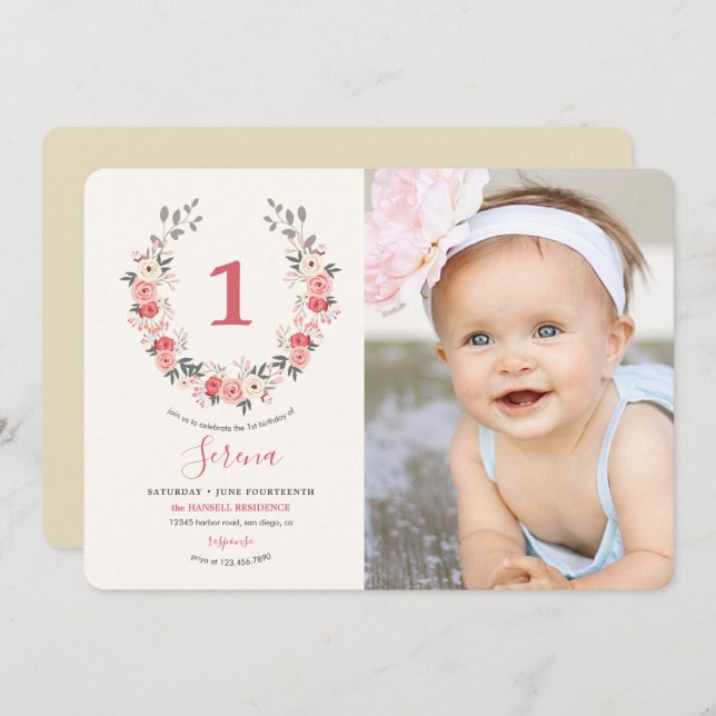 Rose Wreath First Birthday Invitation (Front/Back)