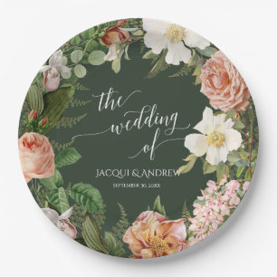 Rose Wreath Vintage Floral Green Bridal Shower Paper Plate