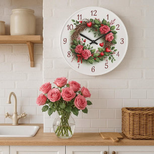 Rose Wreath with Red Hearts  Large Clock