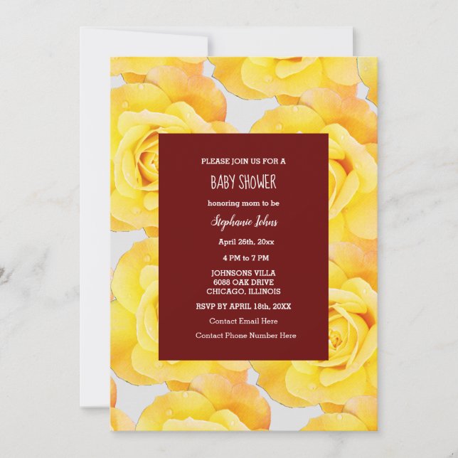 Rose Yellow Floral Baby Shower Girl Burgundy Red Invitation (Front)