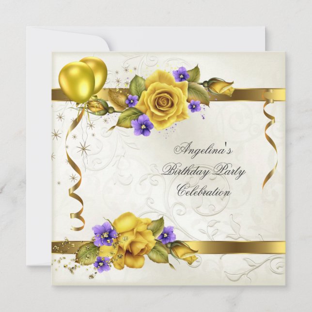 Rose Yellow Gold Purple Cream Birthday Party Invitation (Front)