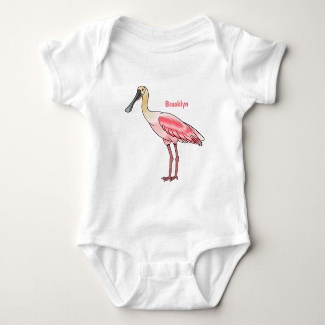 Roseate spoonbill bird cartoon illustration baby bodysuit (Front)
