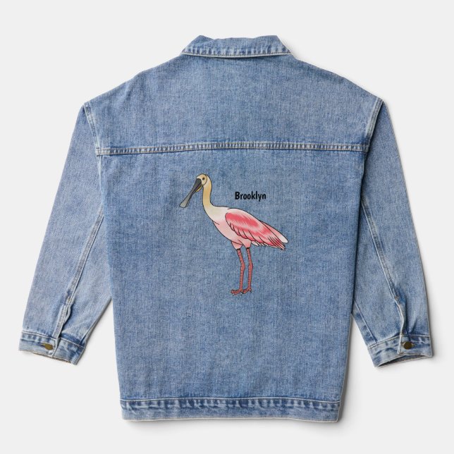 Roseate spoonbill bird cartoon illustration  denim jacket (Back)