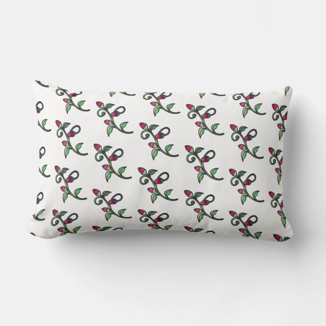 Rosebud Pattern Pink Green and White Country Lumbar Cushion (Front)
