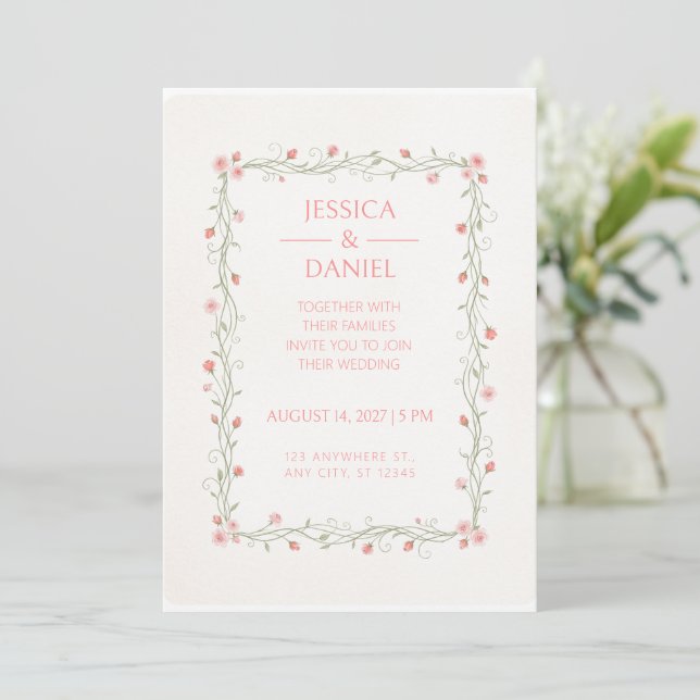 Rosebud Vine Rectangular Border Wedding Invitation (Standing Front)