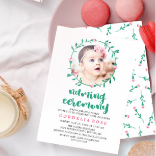 Rosebud Wreath   Pink & Green Naming Ceremony Invitation