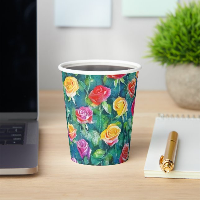 Rosebushes blooming watercolor pattern paper cups (Insitu)