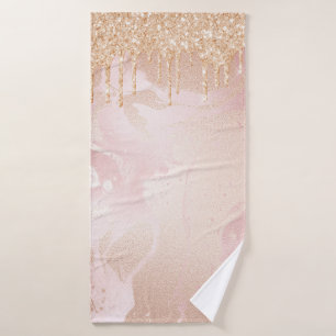 Rosegold Blush Marble with Gold Glitter Droplets Bath Towel Set