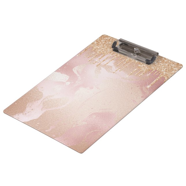 Rosegold Blush Marble with Gold Glitter Droplets Clipboard (Angled)