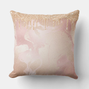 Rosegold Blush Marble with Gold Glitter Droplets Cushion