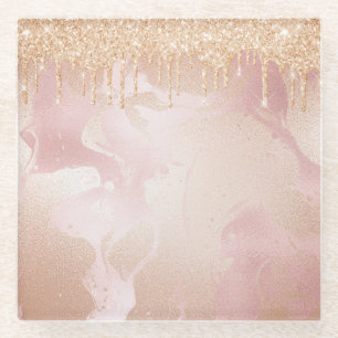 Rosegold Blush Marble with Gold Glitter Droplets Glass Coaster