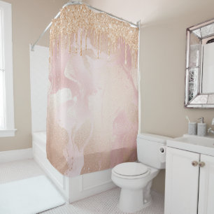 Rosegold Blush Marble with Gold Glitter Droplets Shower Curtain
