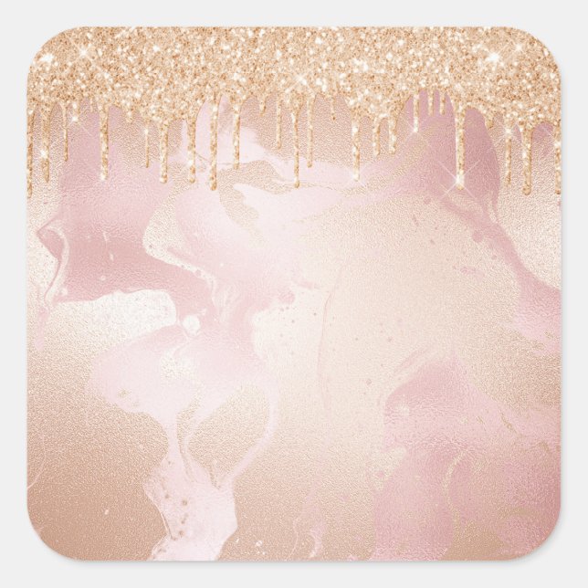 Rosegold Blush Marble with Gold Glitter Droplets Square Sticker (Front)