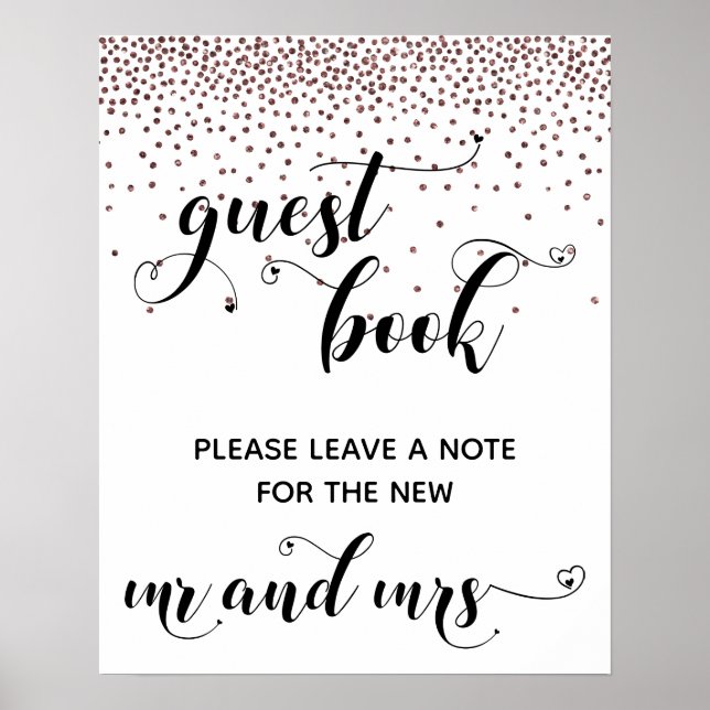 Rosegold Confetti Hearts Guest Book Reception Sign (Front)