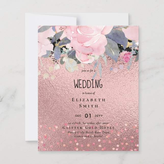 RoseGold Metallic Glitter Floral Foil Look Wedding (Front)