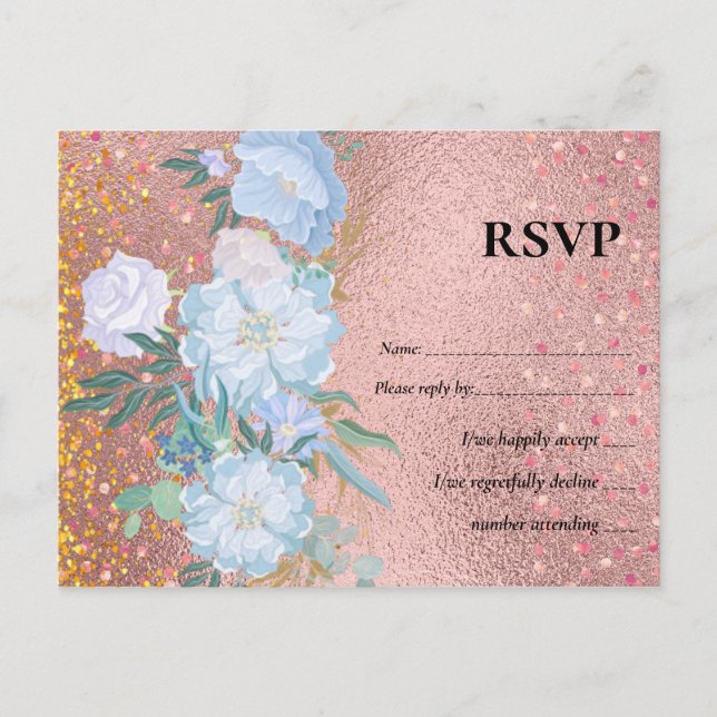 RoseGold Metallic Glitter Floral Foil Look Wedding Invitation Postcard (Front)