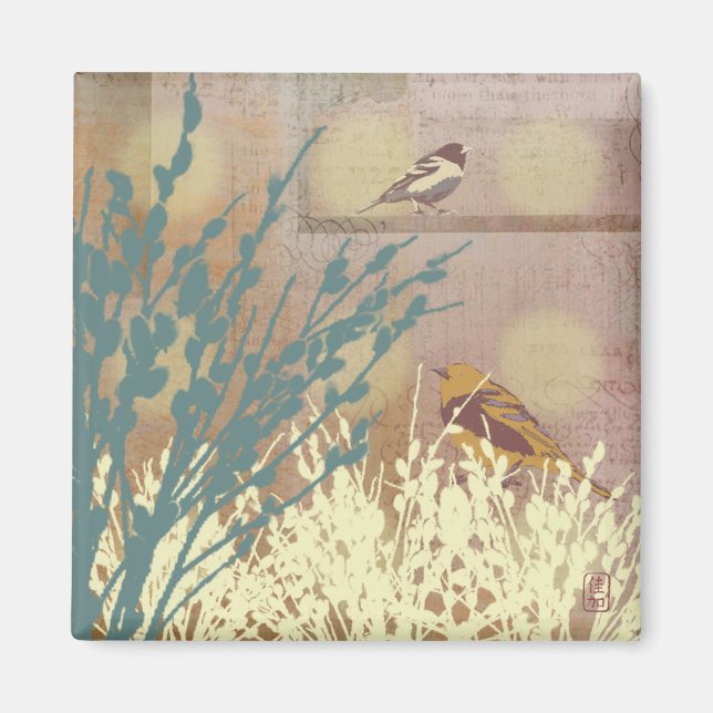 Rosegold Pussy Willow Bird Design Magnet (Front)