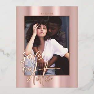 Rosegold Script Photo Wedding Save the Date Foil Holiday Postcard