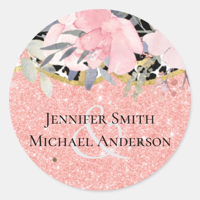 Rosegold WEDDING Girly Pink Floral Glitter Glam Classic Round Sticker (Front)