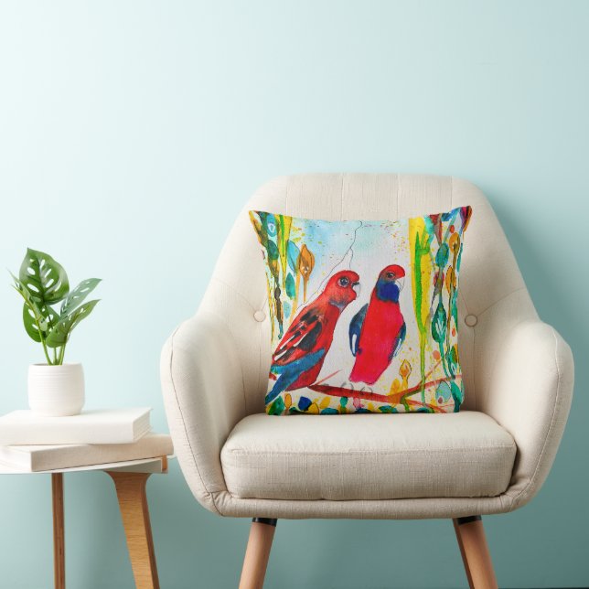 Rosella birds in tree watercolor art cushion (Chair)
