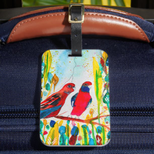 Rosella birds in tree watercolor art luggage tag
