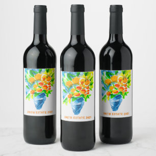 Rosella birds in tree watercolor art wine label