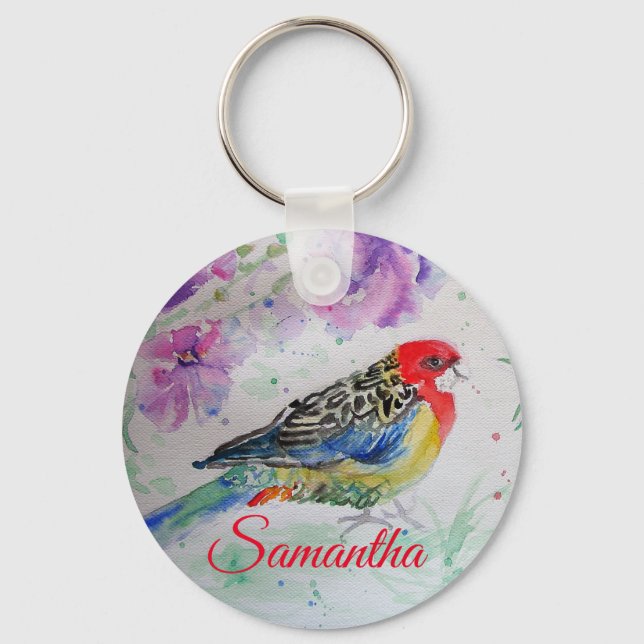 Rosella Parrot Bird Watercolor Girls Name Key Ring (Front)