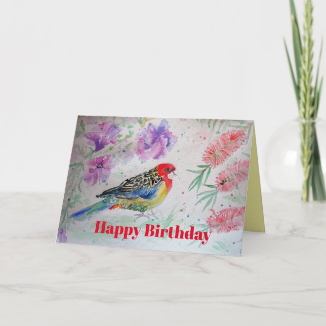 Rosella Parrot with Red Bottlebrush Birthday Card (Front)