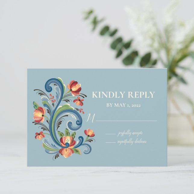 Rosemaling Blue and Red RSVP Card (Standing Front)