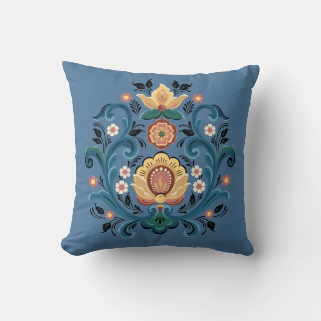 Rosemaling Gold and Burgundy Cushion (Front)