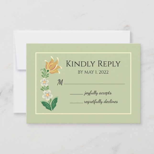 Rosemaling Green and Gold  RSVP Card (Front)