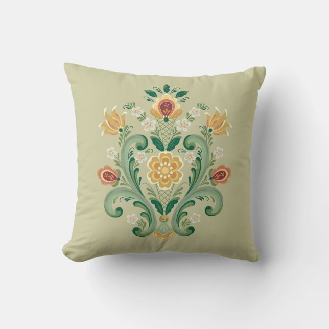 Rosemaling in Green and Gold Cushion (Front)