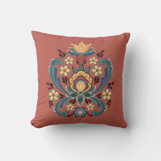 Rosemaling in Red and Gold Cushion (Front)