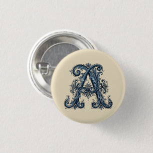 Rosemaling Monogram Prussian Blue Button