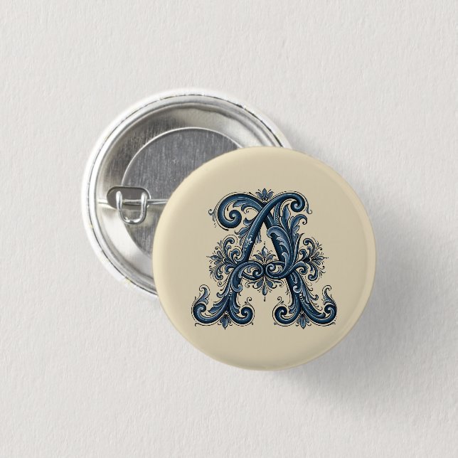  Rosemaling Monogram Prussian Blue Button (Front & Back)