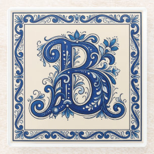 Rosemaling Monogram-Prussian Blue Glass Coaster