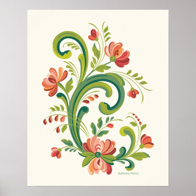 Rosemaling Red and Pink Poster (Front)