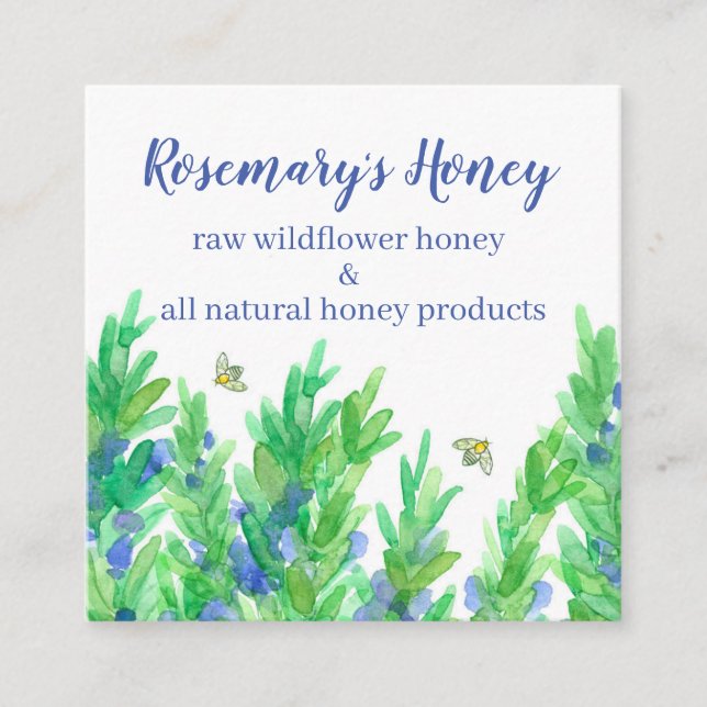 Rosemary Herb Honeybees Watercolor Square Business Card (Front)