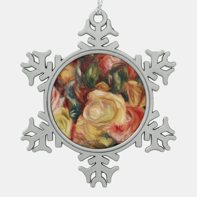 Roses (1912) by Pierre-Auguste Renoir Snowflake Pewter Christmas Ornament (Front)