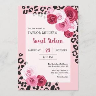 Roses and Animal Print Sweet Sixteen Birthday Invitation