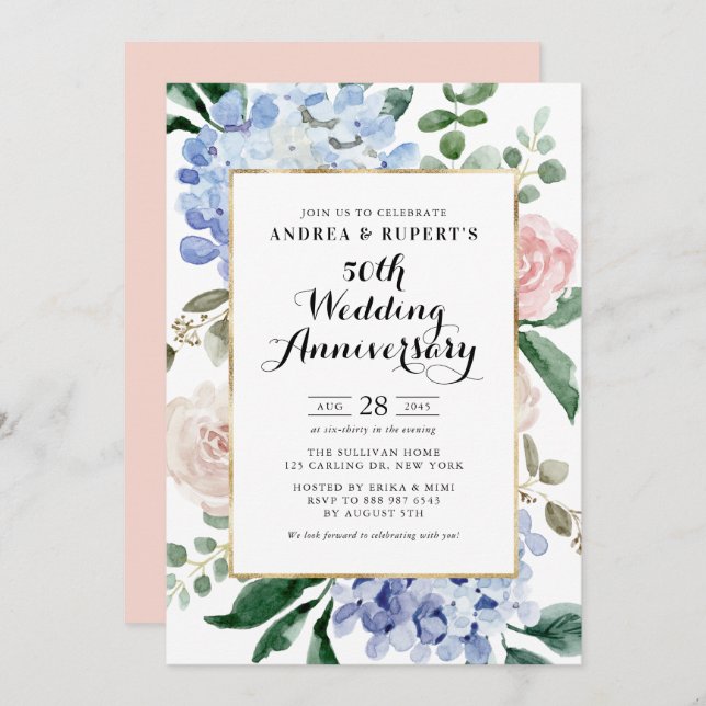 Roses and Blue Hydrangeas 50th Wedding Anniversary Invitation (Front/Back)
