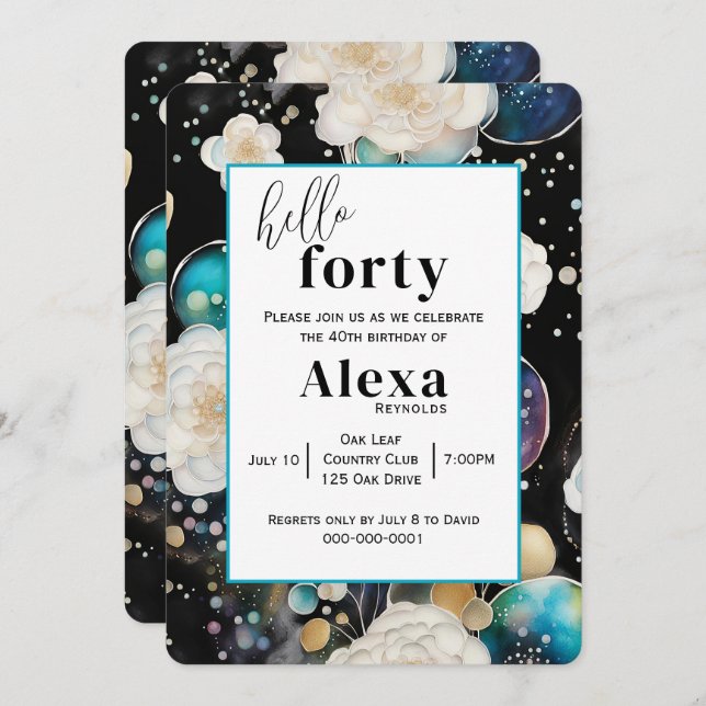 Roses and Bubbles Abstract 40th Birthday Party Invitation (Front/Back)