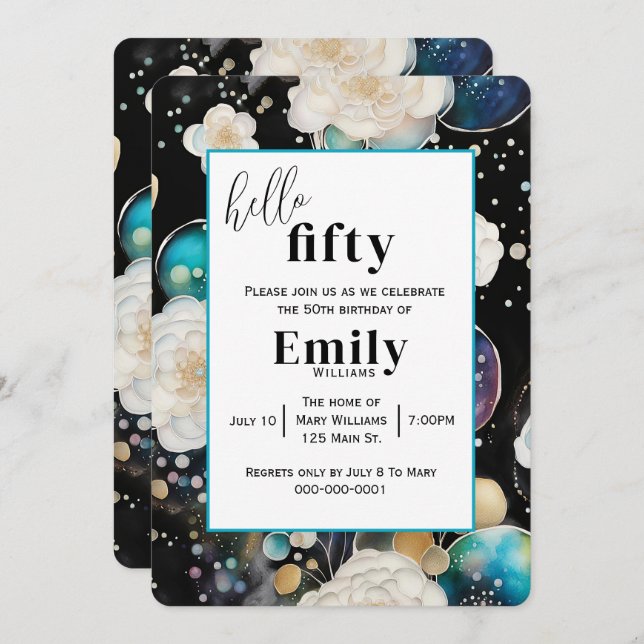 Roses and Bubbles Abstract 50th Birthday Party Invitation (Front/Back)
