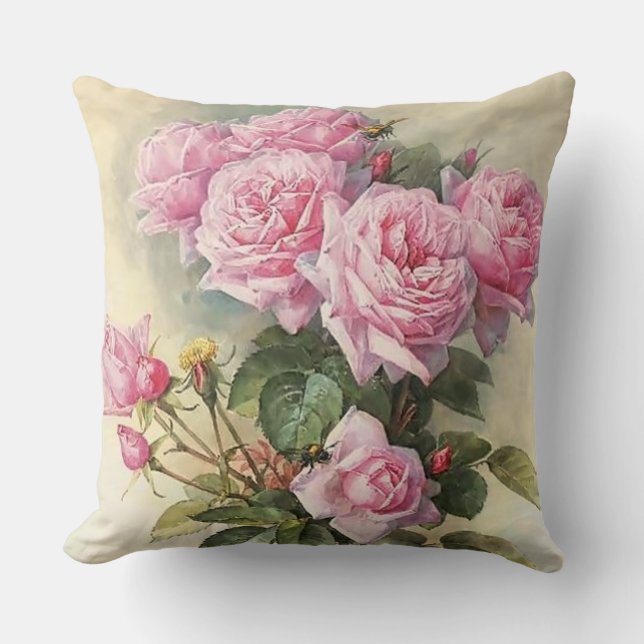 Roses and Bumblebees by Paul de Longpre Cushion (Front)