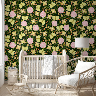 Roses and Butterflies Black Pink Yellow Wallpaper