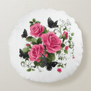 Roses and Butterflies, Colorful Design, Round Cushion