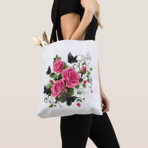 Roses and Butterflies, Colourful Design, Tote Bag