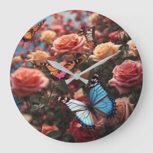 Roses and butterflies large clock