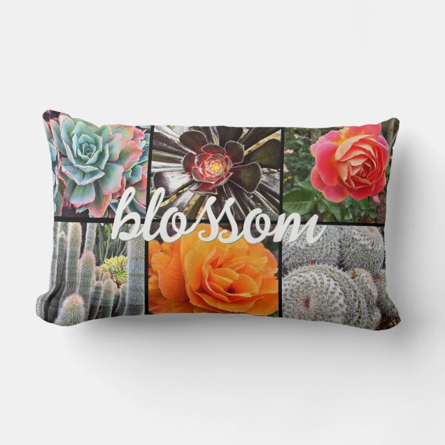 Roses and Cacti Photo Collage Blossom Script Bold  Lumbar Cushion (Front)
