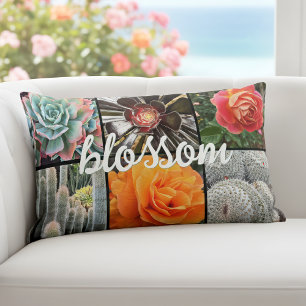 Roses and Cacti Photo Collage Blossom Script Bold  Lumbar Cushion